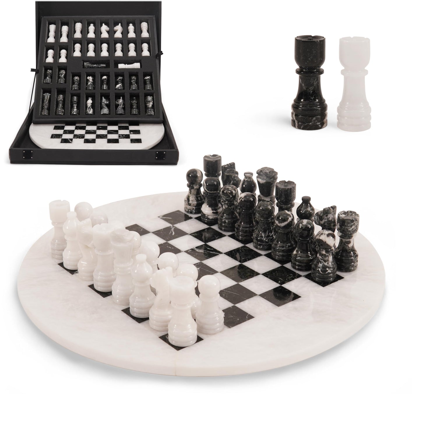 EarthenTones Marble Chess Set for Adults with Complementary Storage Box, 15" White & Black Handmade Chess Board Game, Luxury Board Games for Adults with Extra Queens