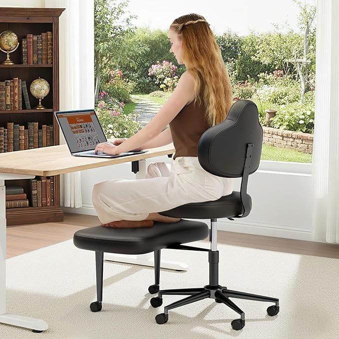 Cross Legged Office Chair with Wheels for ADHD, Ergonomic 360° Swivel Height-Adjustable Meditation Chair for Yoga, Kneeling Chair with 4 inch seat Cushion and Lumbar Support, PU Leather, Black