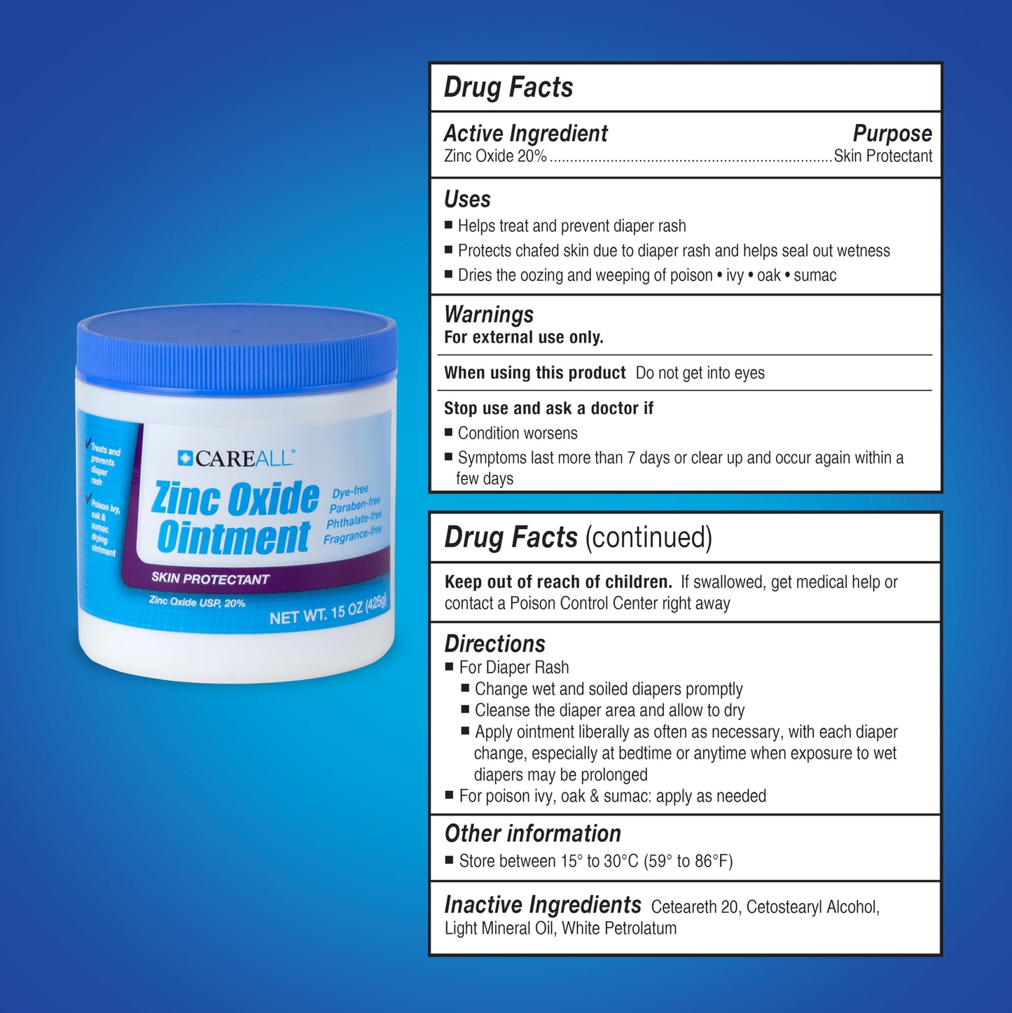 CareAll Zinc Oxide 20% Skin Protectant Barrier Ointment 15 oz., Provides Relief, Prevention and Treatment for Chafing due to Diaper Rash. Helps Seal Out Wetness. Non-Nano.