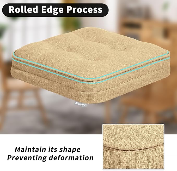 GOFORIT Memory Foam Cushion，Square Seat Cushions for Dining Chairs,Non-Slip Chair Pads with Removable Cover, 16'' x 16'', 4 Pack,Khaki