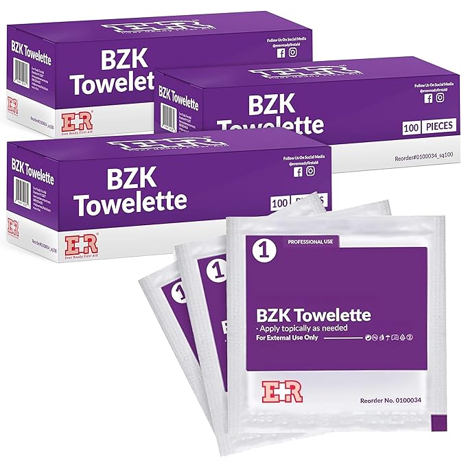 Benzalkonium BZK Wipes [300 Count] – 5”x7” Antiseptic Towelettes, First Aid Hand Wipes, Individually Wrapped, Sterile for Skin Cleansing (3 Packs of 100)