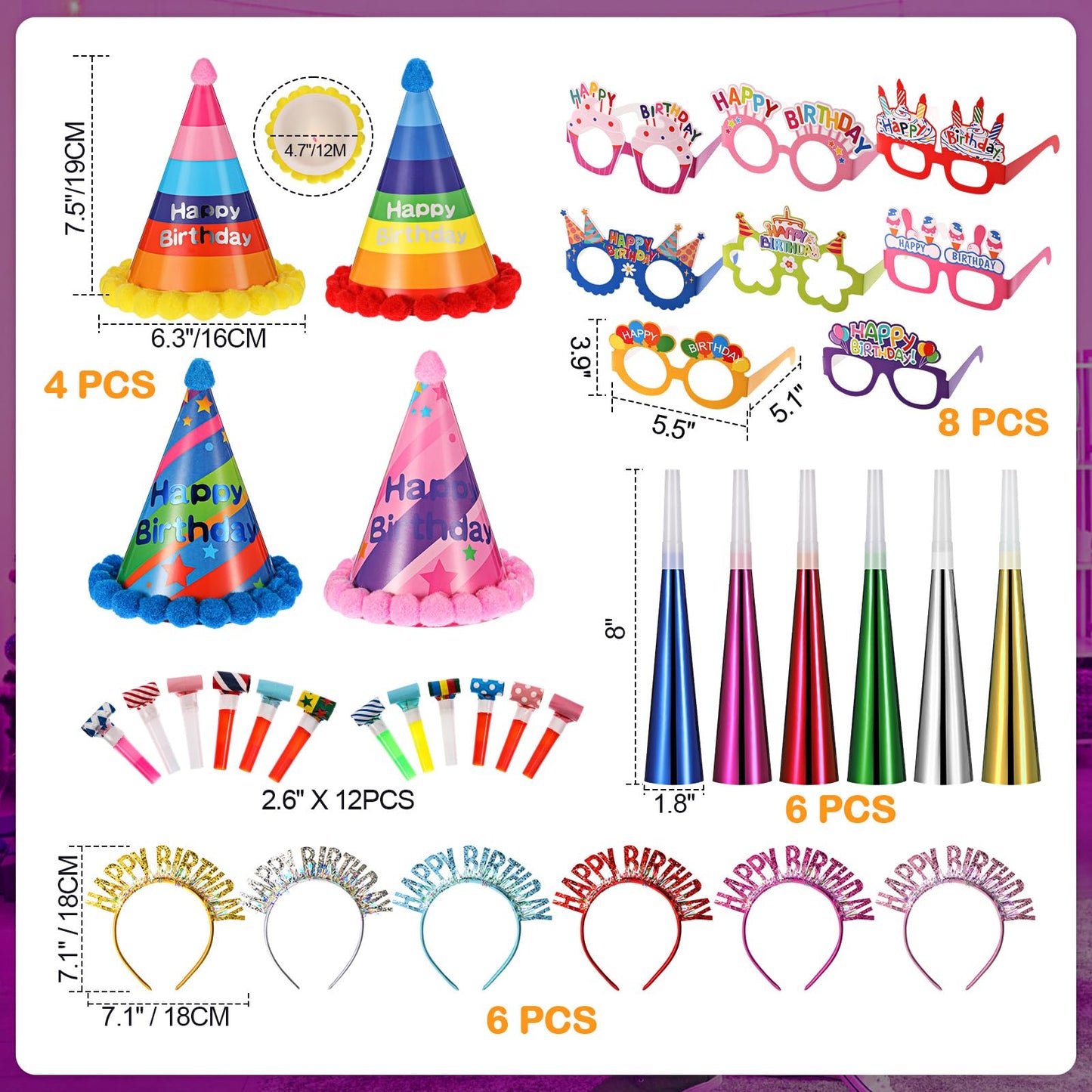 Sratte 36 Pcs Birthday Party Favors Set, Happy Birthday Hat Headband Glasses Noise Makers Party Horns for Adults Kids(Rainbow Style)