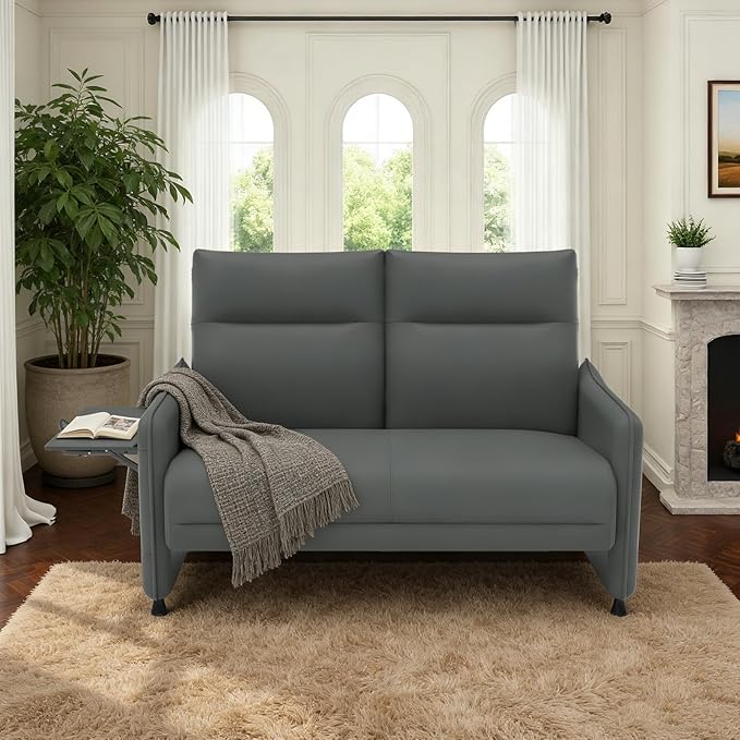 Tbillionnext Faux Leather Loveseat, Upholstered Loveseat with Hidden Foldable Tray & Side Pocket, Rear Contour Arm Design, Modern 2-Seater Sofa Couch for Small Spaces, Bedroom, Gray