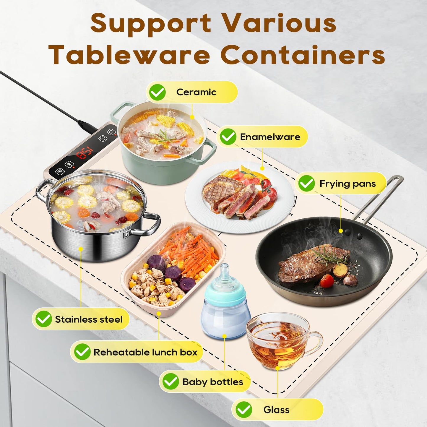 VIPDIGI Food Warming Mat, Electric Warming Tray, Silicone Fast Heating Warmer Pad, 6 Temp Adjustable, Timer & Safety Lock, Auto Shut-Off for Countertops Buffets Party (White)