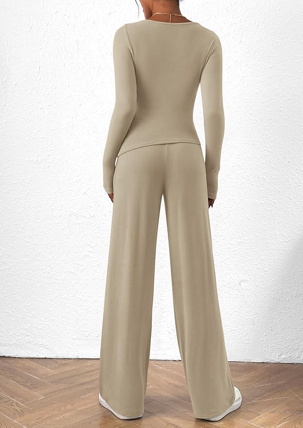 PRETTYGARDEN Women's 2 Piece Lounge Sets Asymmetrical Long Sleeve T Shirt Wide Leg Pants Casual Outfits Tracksuit