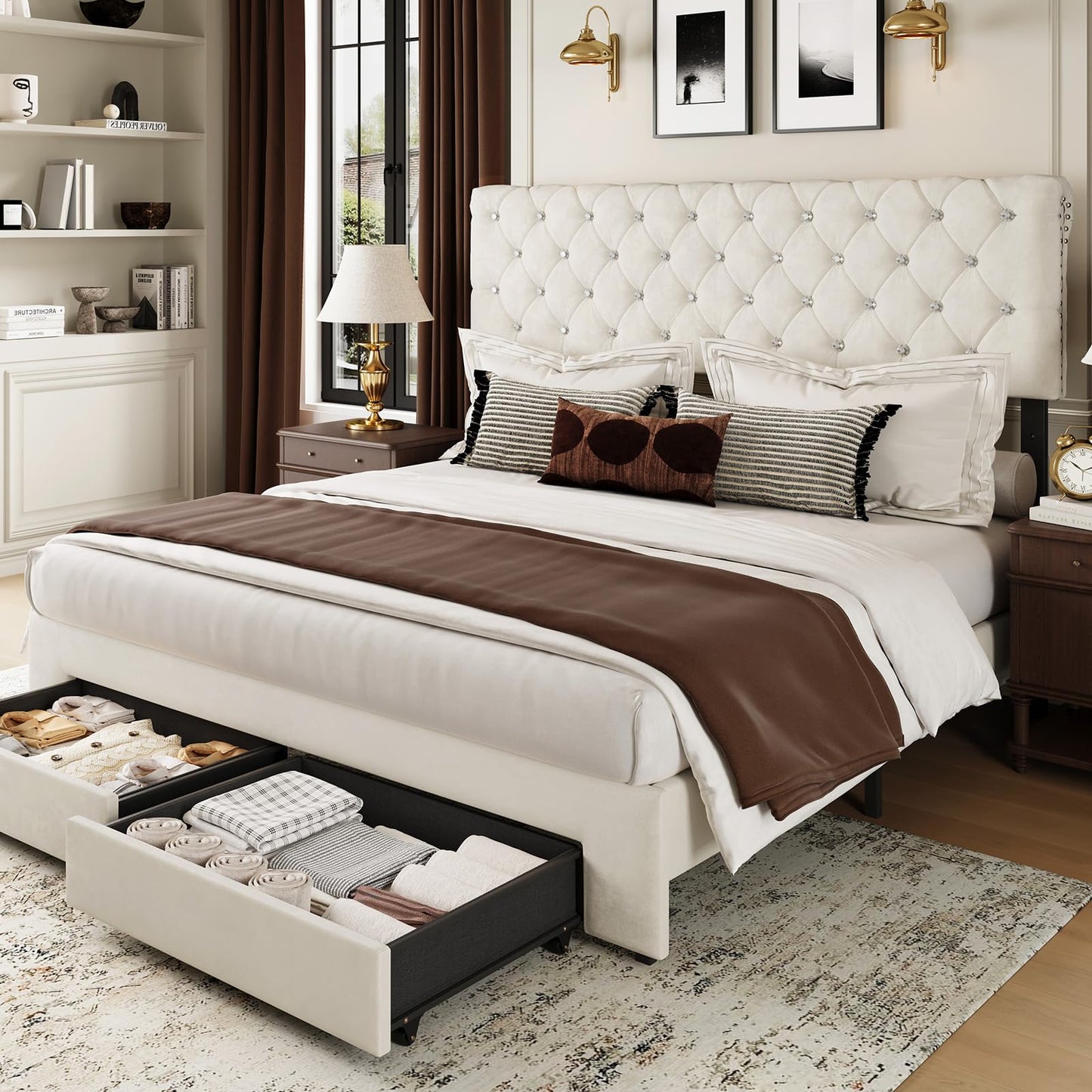 Belffin Full Size Bed Frame with 2 Storage Drawers, Upholstered Bed Frame with Adjustable Diamond Headboard, Velvet Modern Platform Bed Frame, No Box Spring Needed, Easy to Assemble, Beige