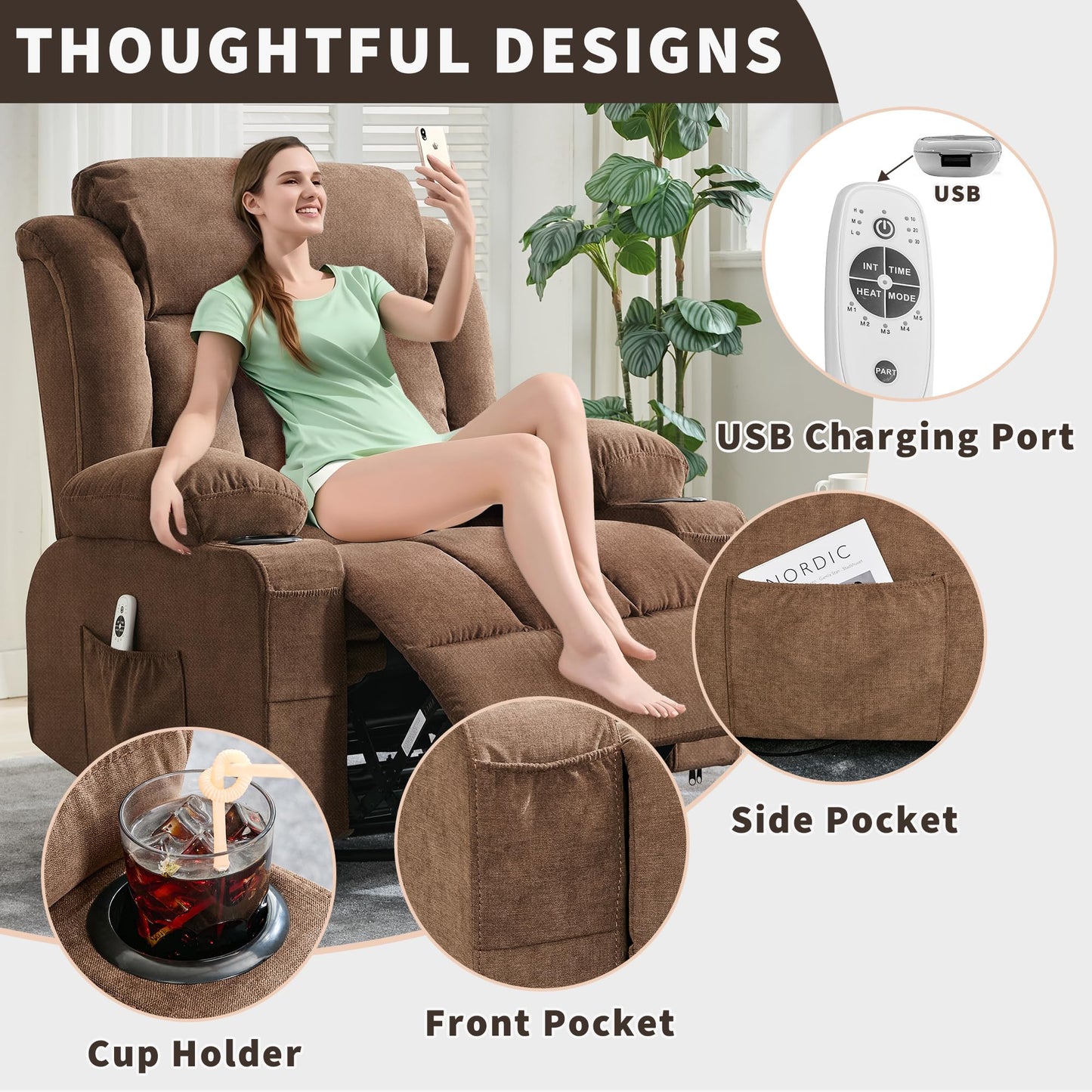 Oversized Manual Rocker Recliner Chair with 360° Swivel – Heat & Massage, Remote Control, Cup Holders, Side Pockets, USB Charging – Large Comfortable Living Room Lounge, Brown, Perch Depth 57CM