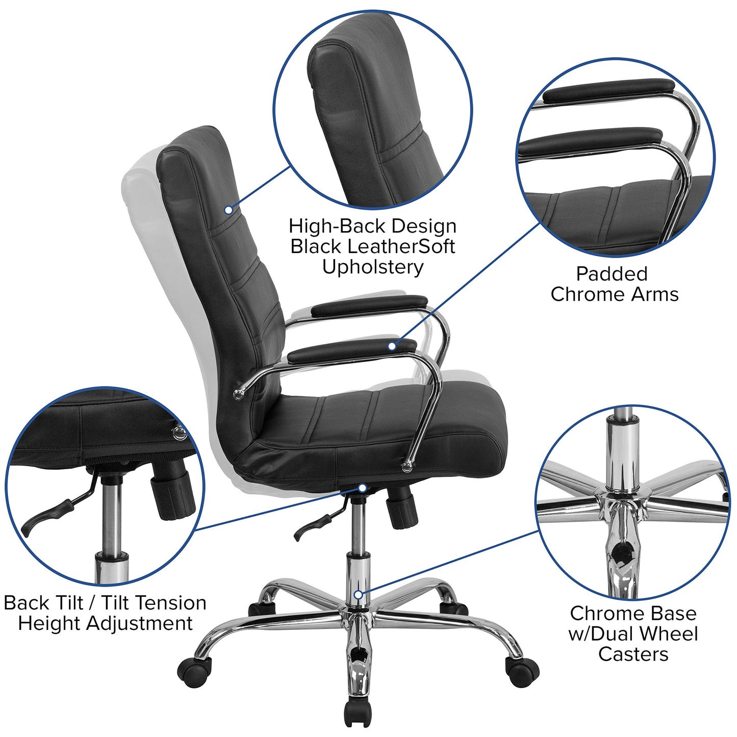 Flash Furniture Whitney High-Back Swivel LeatherSoft Desk Chair with Padded Seat and Armrests, Adjustable Height Padded Office Chair, Black/Chrome