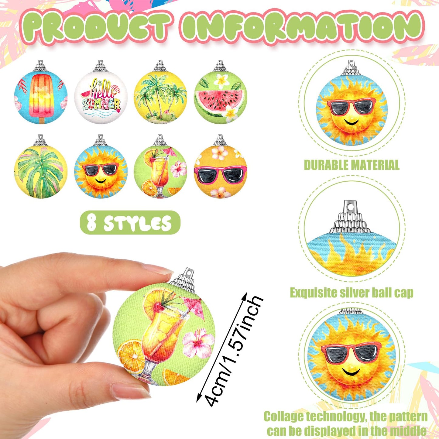 Outus 16 Pcs Summer Tree Ornaments Ball Hawaiian Style Ball Decoration for Tree for Summer Watermelon Tropical Leaf Coconut Palm Farmhouse Home Fireplace Holiday Party Favors Decor