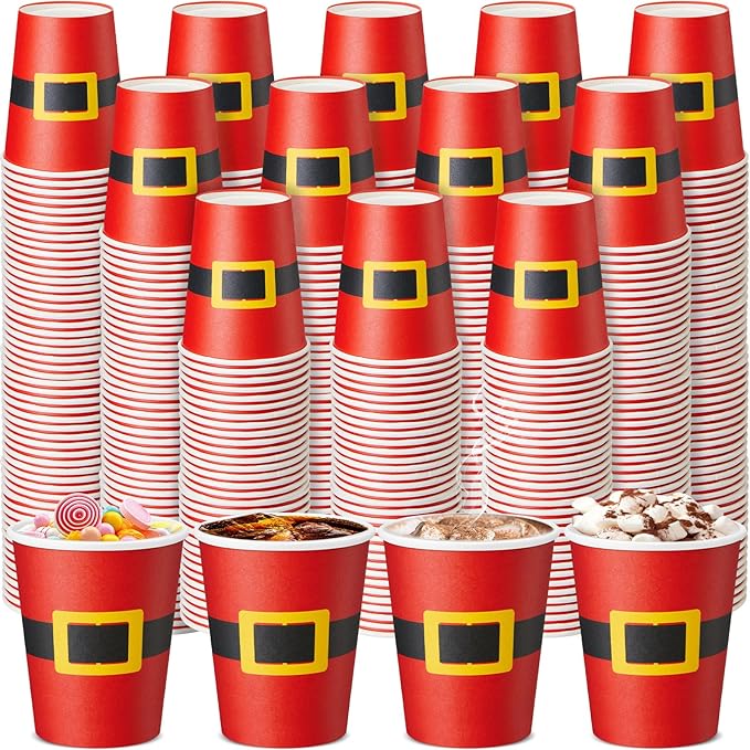 Yaomiao 300 Pcs 9 oz Christmas Paper Cups Santa Claus Belt Design Disposable Christmas Hot Cocoa Coffee Cups Bulk for Hot ...