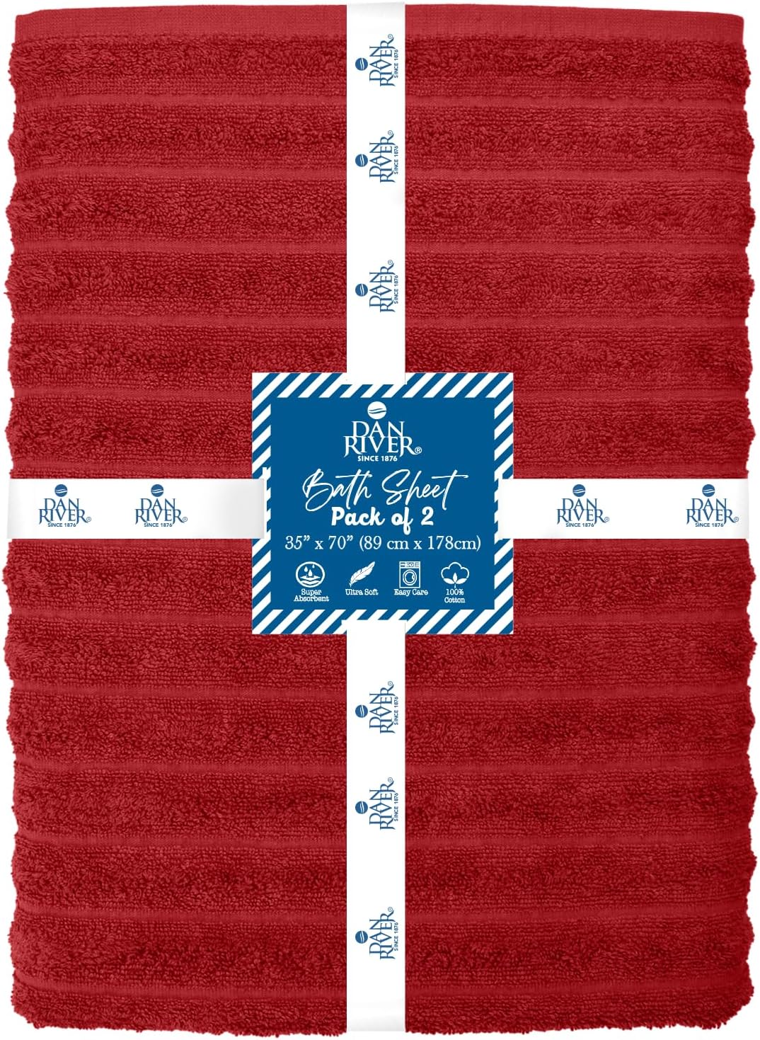 DAN RIVER Pack of 2 Bath Sheet 35x70 Inches, Luxury Ribbed Large Towels Oversized for Bathroom, Absorbent Plush Towels - Red