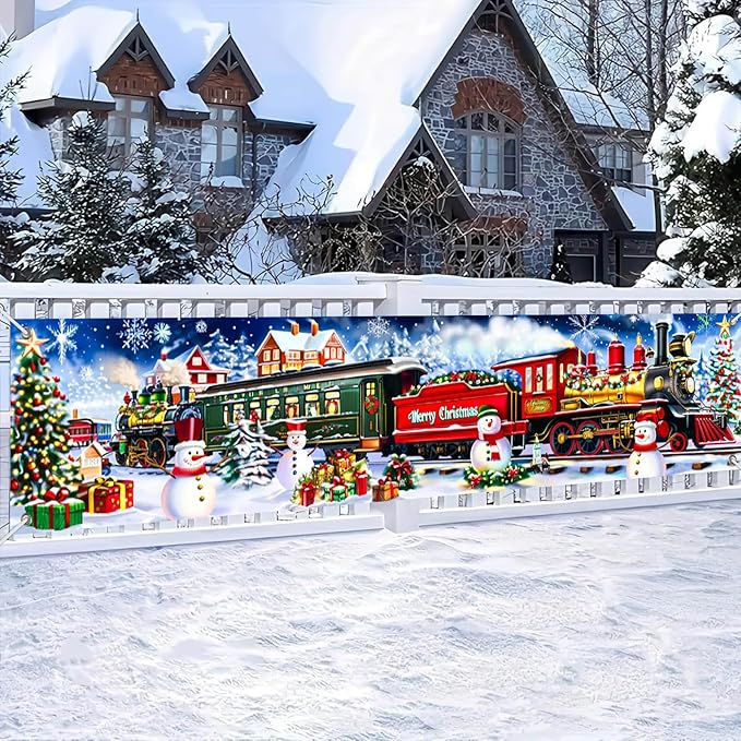 BlissYard Merry Christmas Long Horizontal Banner Backdrop Holiday Winter Wonderland Christmas Train Photography Background...