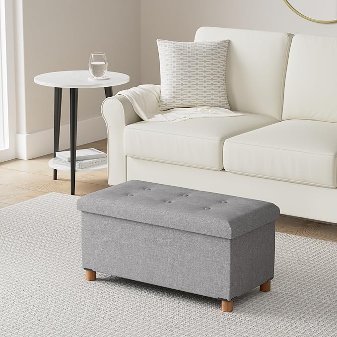PINPLUS Ottoman with Storage Coffee Table, Grey Footrest-Stool Linen Chest with Tray, Large Storage Bench Foot Rest Ottoman for Bedroom End of Bed, Living Room, Hallway, 30"x 15"x 15"
