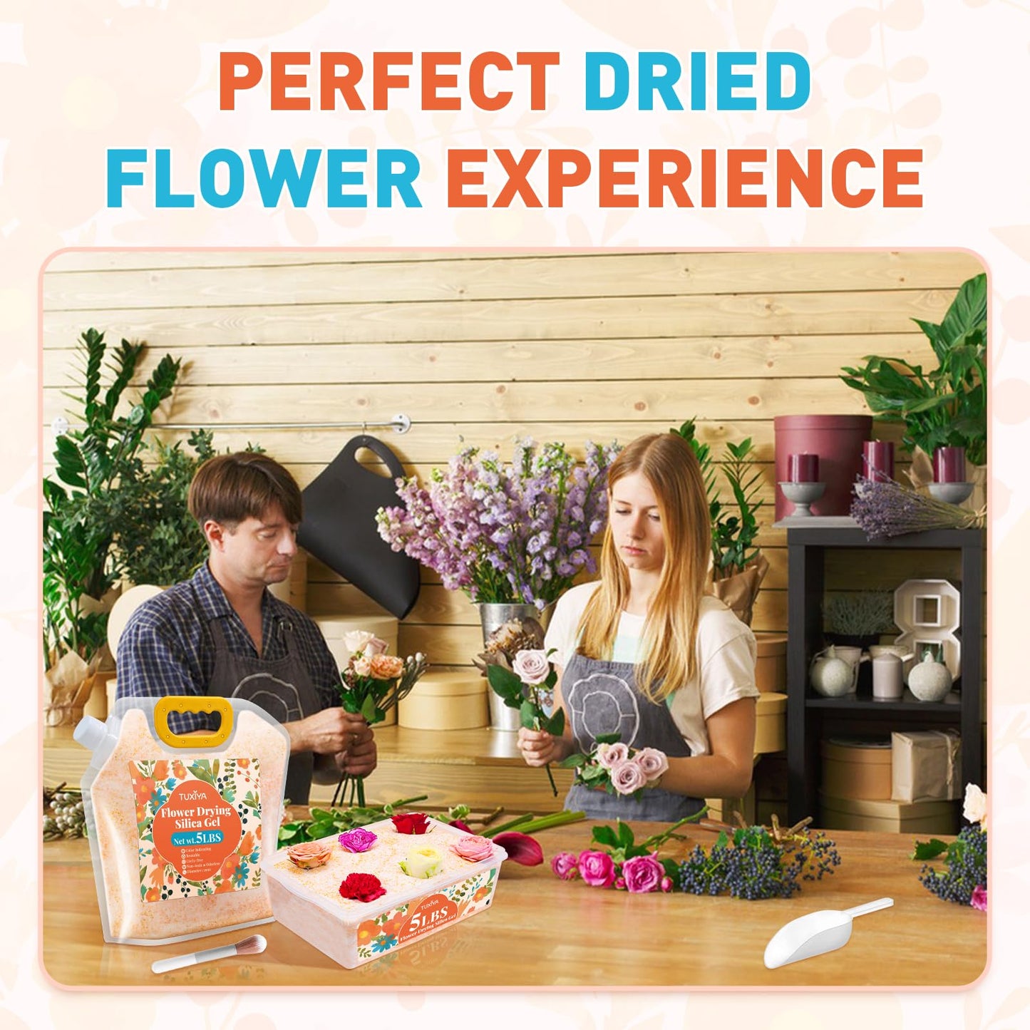 TUXIYA 10LBS Silica Gel Flower Drying,Reusable Flower Drying Silica Gel Crystals with 2PCS 6L Airtight Containers, Color Indicating Flower Preservation Kit for Drying Flowers Bead Size<1mm