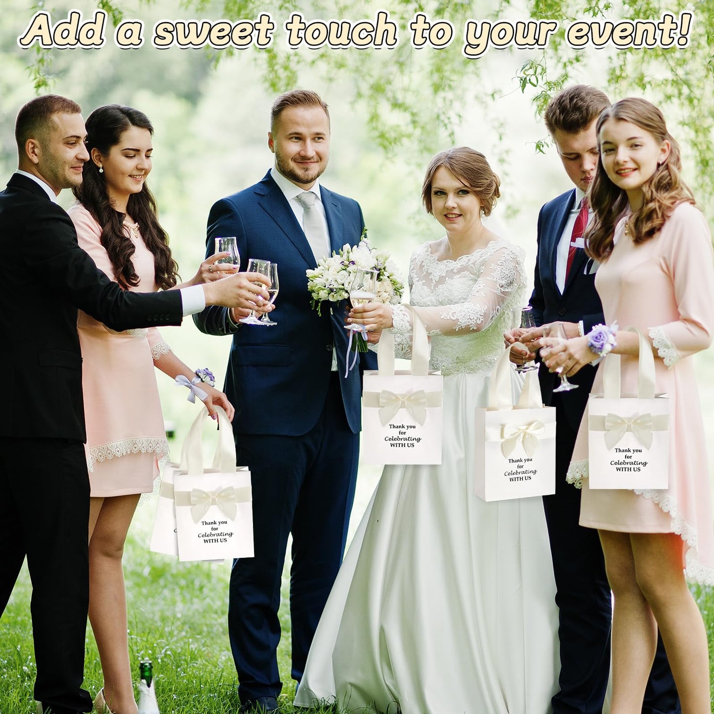 50 Pcs Wedding Gift Bags Bulk with Bow Ribbon Handles 6.2x7.2x2.5 Inch Wedding Favor Bag Thank You Gift Bags for Party Favor Bridesmaid Bags Bridal Shower Baby Shower Birthday Supplies(Beige)