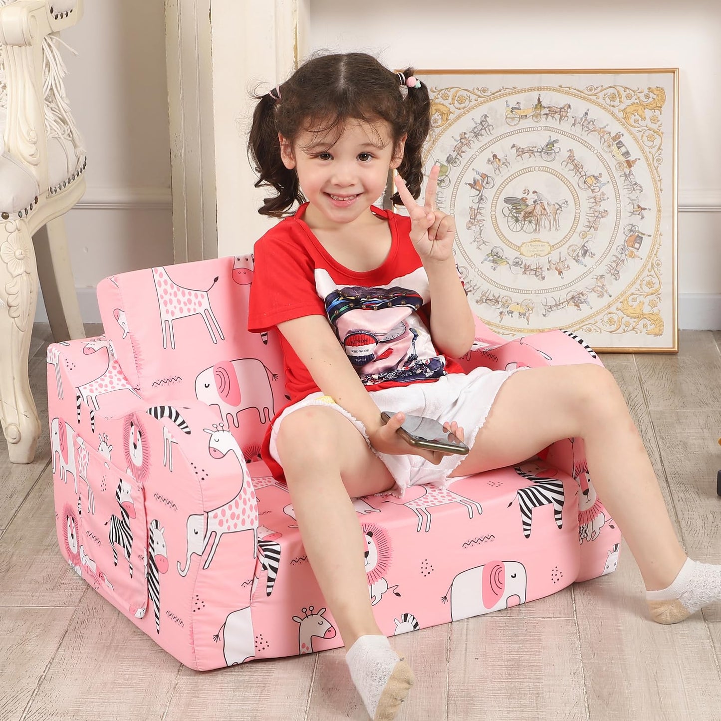MOMCAYWEX Pink Kids Sofa, 2-in-1 Kids Couch Fold Out, Convertible Sofa to Bed for Girls and Boys