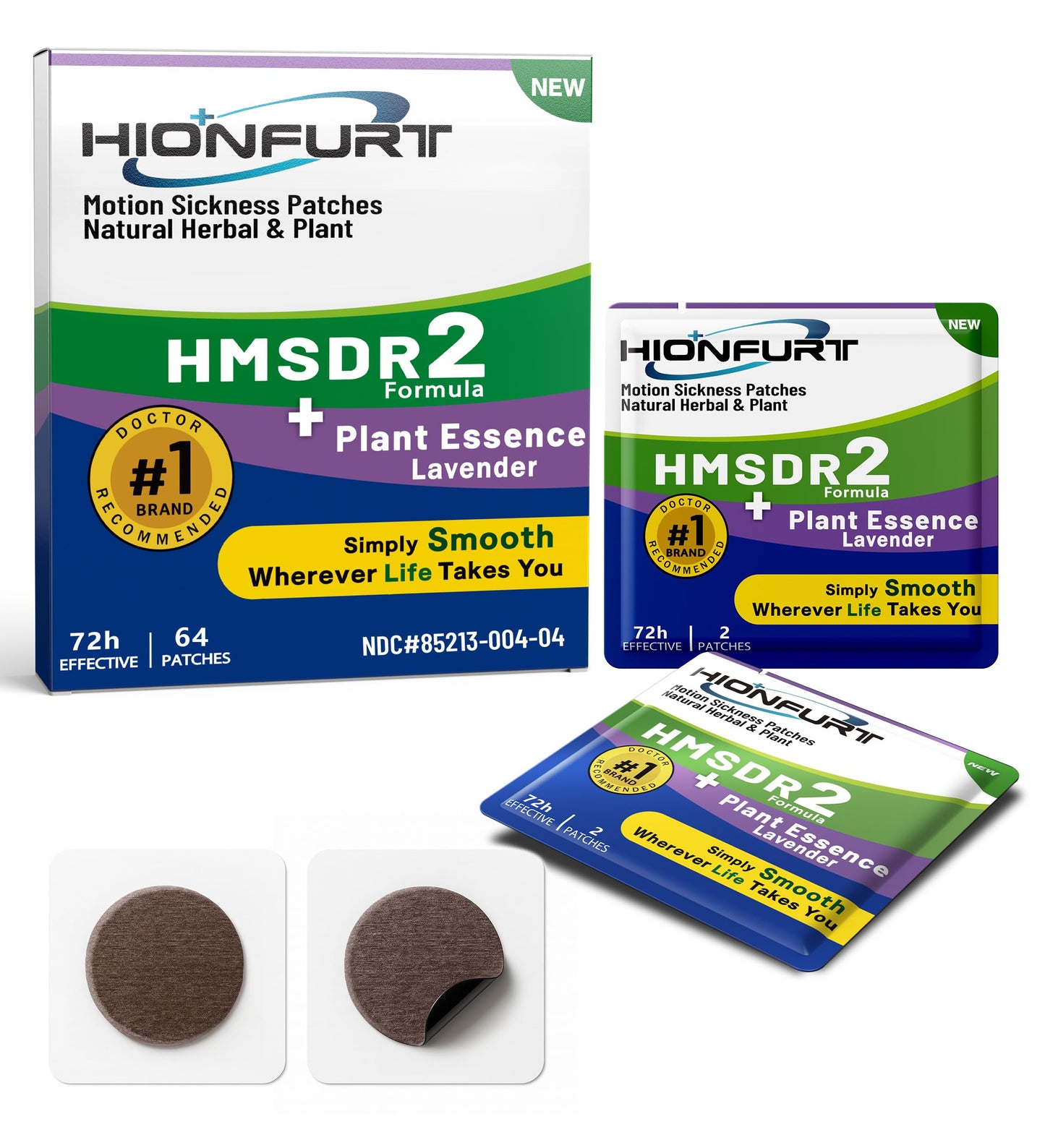 Hionfurt HMSDR2 64ct Motion Sickness Patches with Plant Essence – Lavender – Sea Sickness Patches for Cruise, Car, Airplane – Non-Drowsy, 72H Lasting