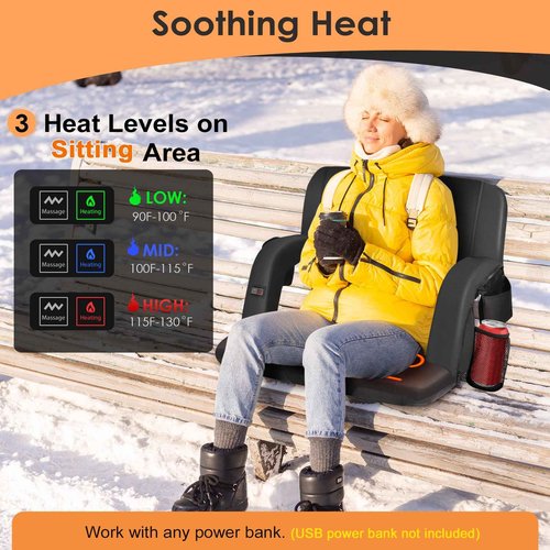 HOPERAN 21" Massage Heated Stadium Seats for Bleachers with Back Support & Lumbar Pillow, 3 Level Heating & 6 Modes Massage Portable Heated Stadium Chairs for Bleachers