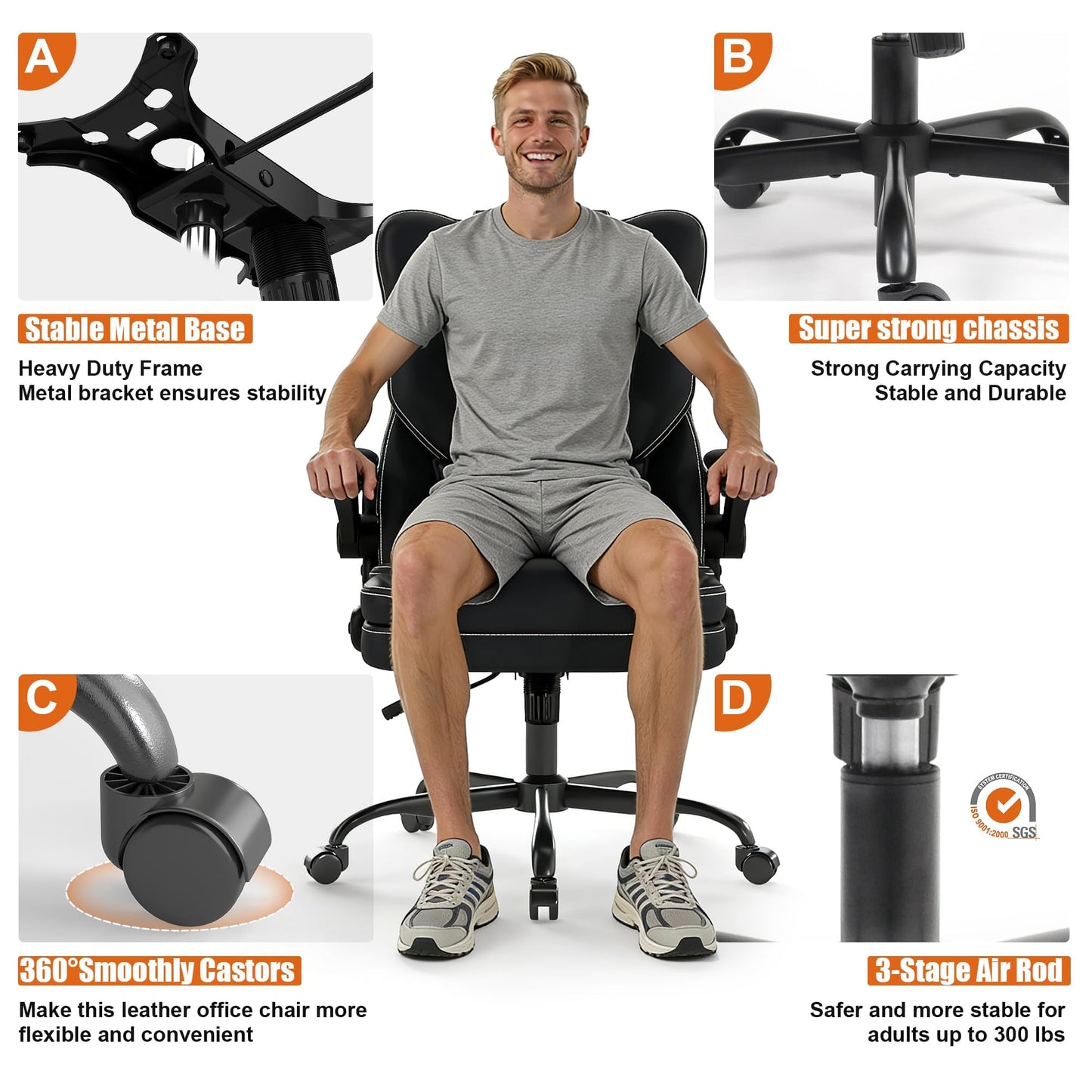 Ergonomic Office Chair with Flip-up Armrests, 300lbs Mid Back Computer Office Desk Chair with Lumbar Support, Executive Leather Chair with Rocking Function Adjustable Height for Home Office