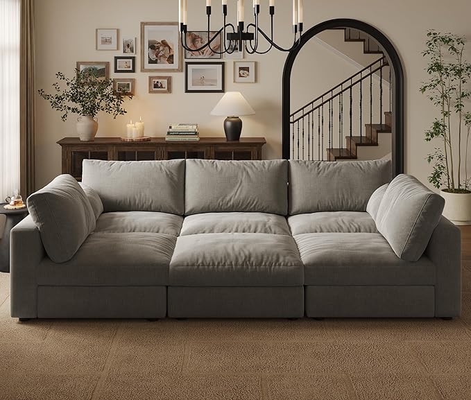 Cloud Modular Sectional Sleeper Sofa with Storage Ottoman, 99" Oversized Sectional Couches for Living Room, Cloud Modular Sleeper Sofa with Chaise, 6 Seater, Chenille, Light Gray
