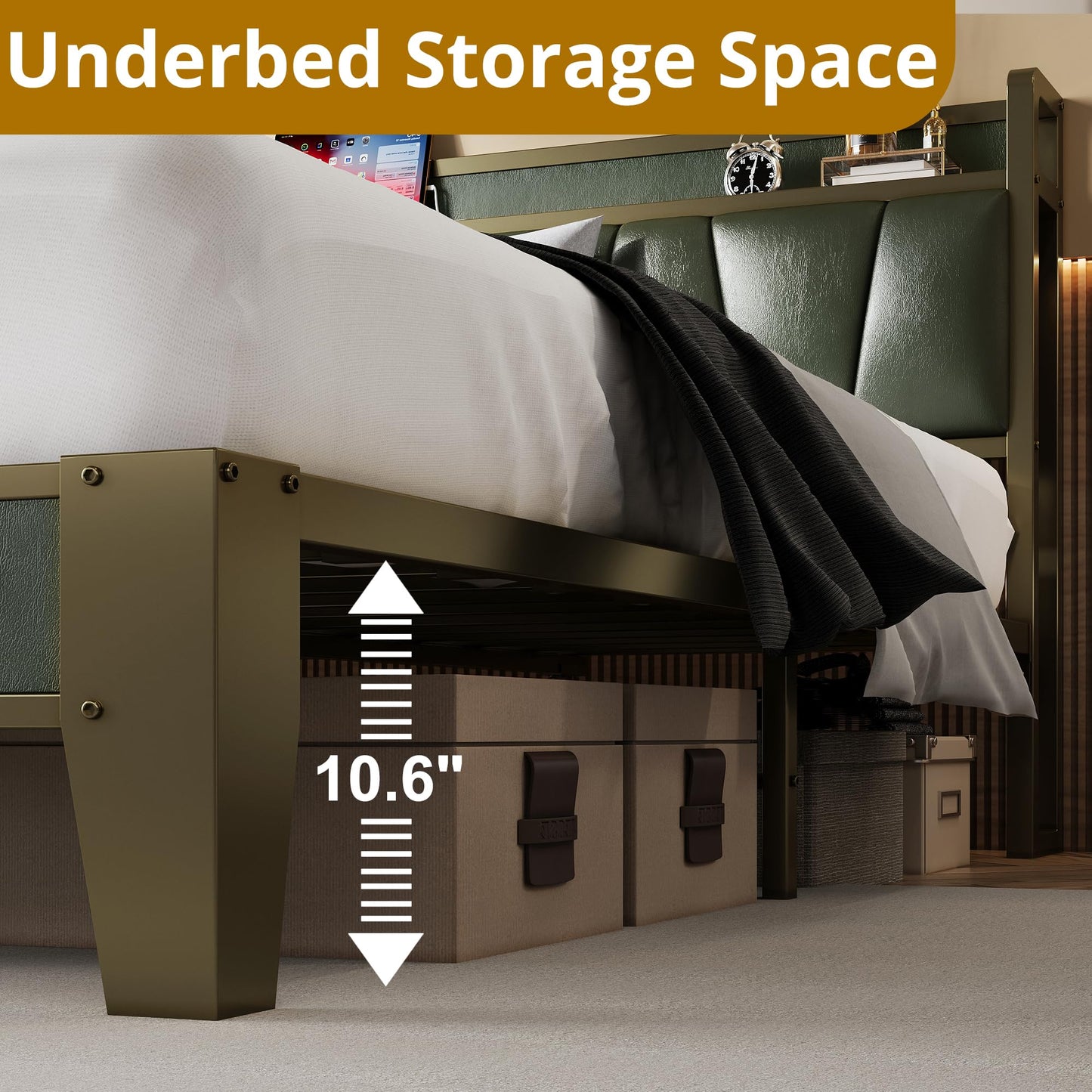 LIKIMIO Twin Bed Frame, Storage Headboard with Charging Station, Solid and Stable, Noise Free, No Box Spring Needed, Easy Assembly (Dark Green)