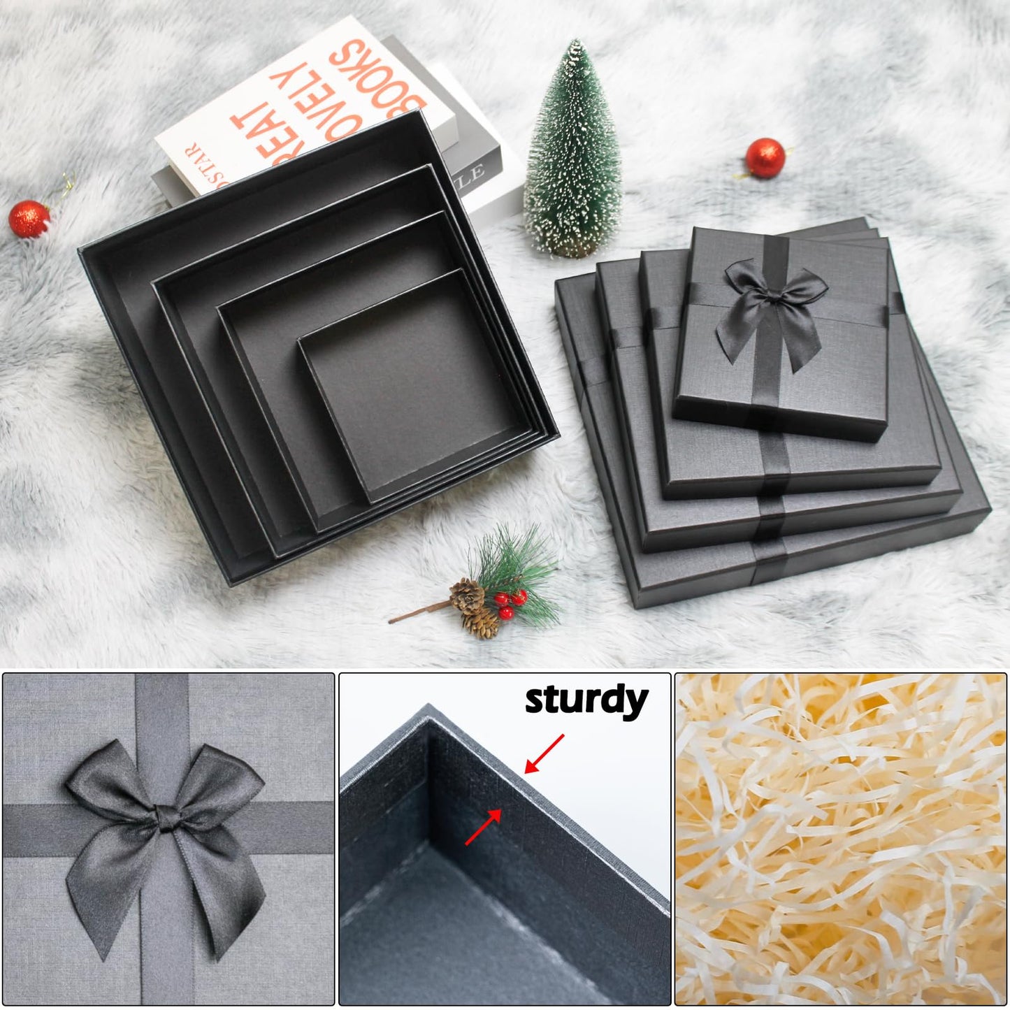 Black Gift Boxes with Lids, Set of 4 Nesting Presents Boxes for Gifts, Luxury Gift Wrap Boxes for Weddings, Birthdays, Anniversaris and All Gift Giving Occasions