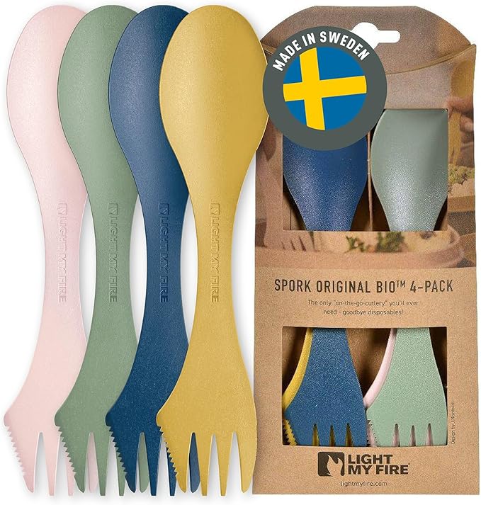 Light My Fire Spork Original 4-Pack 3-in-1 Camping Spoon Fork Knife Combo Reusable Travel & Camping Utensils Lunch Spork O...