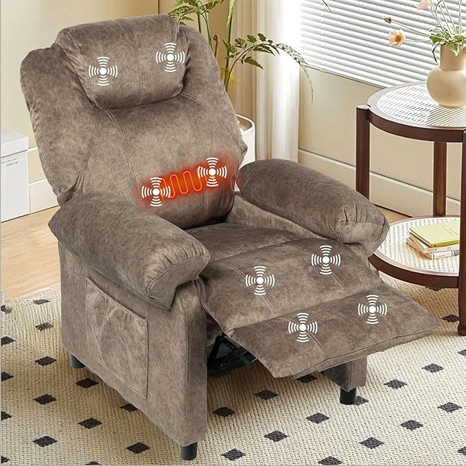 Pushback Massage Recliner Chair with Heat, Fabric Heated Small Massaging Reclining Chair Single Sofa for Adults, Overstuffed Push Back Manual Recliner for Living Room,Brown