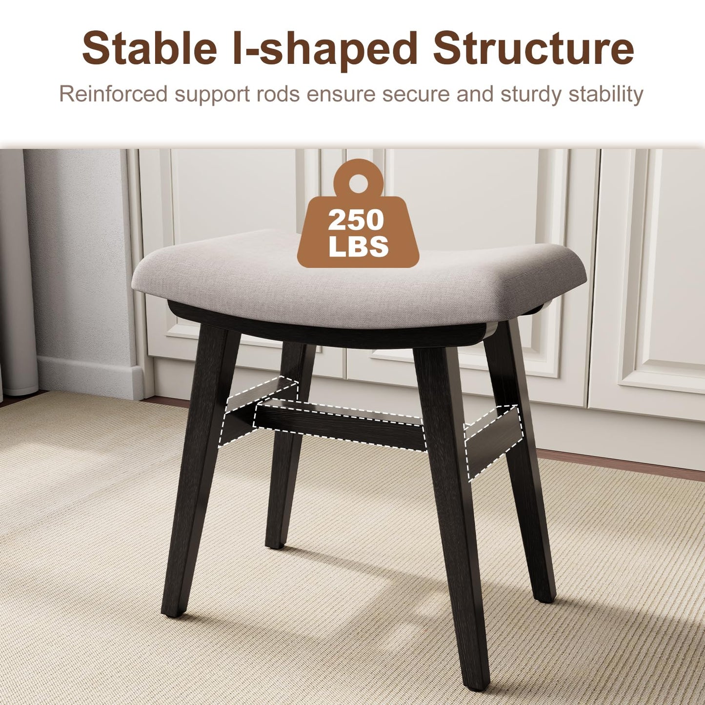 Muwuele Solid Wood Small Vanity Stool with Saddle Cushion, High-Rebound Sponge Seat, Easy Assembly Makeup Chair, Footstool for Bedroom, Entryway, Black