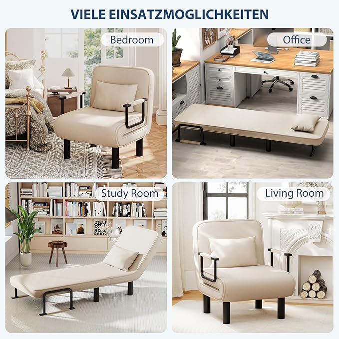 Furniliving 4 in 1 Folding Sofa Bed Chair, Convertible Sleeper Chair Bed with 6-Position Adjustable Backrest, Upholstered Chaise Lounge with Pillow, Accent Chairs for Bedroom/Office, Linen, Beige, 2