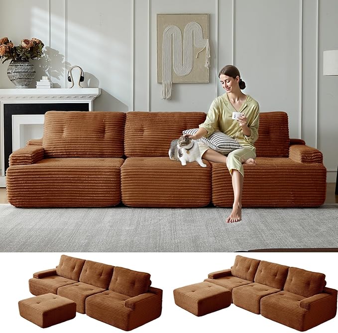110" L-Shaped Modular Sectional Sofa with Convertible Ottoman, Cloud Boneless Sectional Couch with Deep Seat for Living Room Bedroom, Cloud Corduroy, No Assembly,Brown