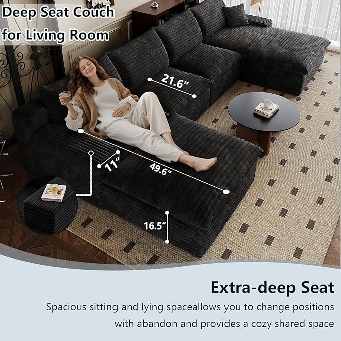 136" Cloud Sectional Couch U-Shaped Chaise with Ottoman, Corduroy Boneless Couch for Living Room Bedroom, Deep-Seat Upholstered Modular Cloud Sofa, No Assembly Required (Black, Right Facing Chaise)