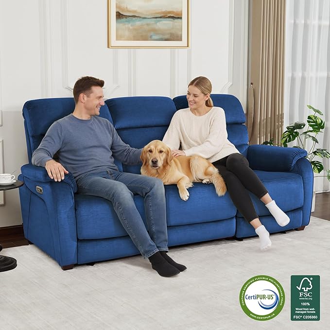 MCombo 87.2'' Wall Hugger Power Recliner Sofa with Drop Down Table, Reclining Sofa with Adjustable Headrest, USB Charge Ports, Reading Lamp, for Living Room, RVs, Fabric, ST258M3 (3-Seater, Navy Blue) | Zero Wall Hugger