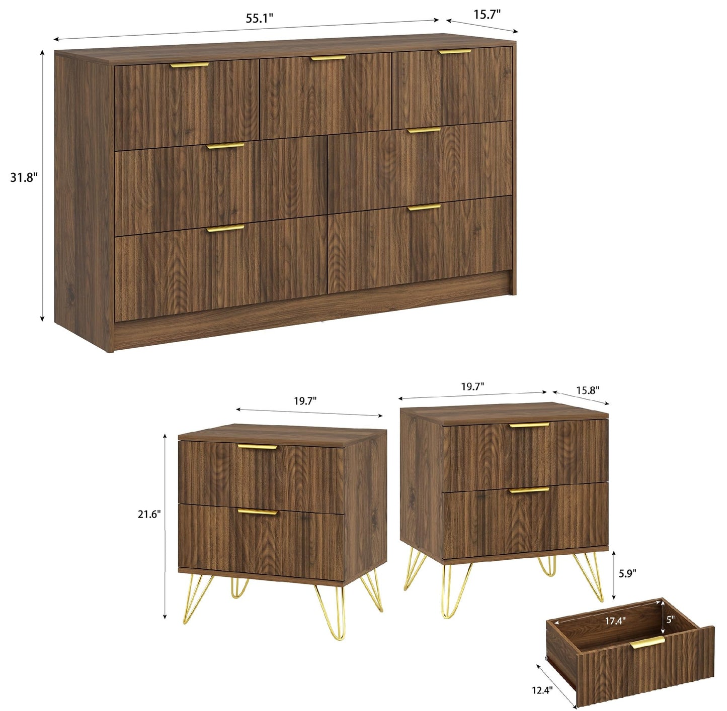 Sscaktu 7 Drawer Dresser and Nightstand Sets for Bedroom, 3 Pcs Bedroom Set，Night Stand Set of 2 & 7 Drawer Dresser with Gold Handles, Wood Chest of Drawers Mid Century Storage Cabinet Set, Natural