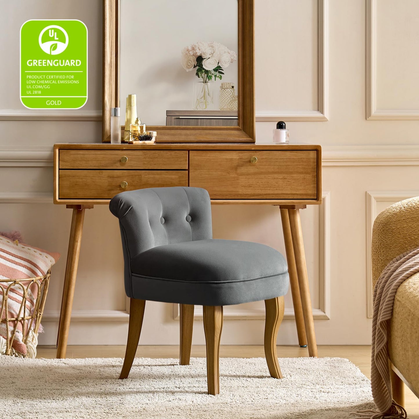 HULALA HOME Velvet Vanity Stool with Low Back, Modern Vanity Chair with Solid Wood Legs, Small Upholstered Makeup Chair Home Decor for Bedroom Living Room Dressing Table, Women Girls, Grey