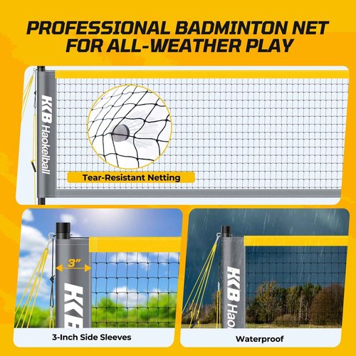 Haokelball Professional Badminton Set Badminton Sets for Backyards with Net Tension Adjuster, Badminton Rackets Set of 4, 4 Nylon Badminton Shuttlecocks and Carry Bag, Gray