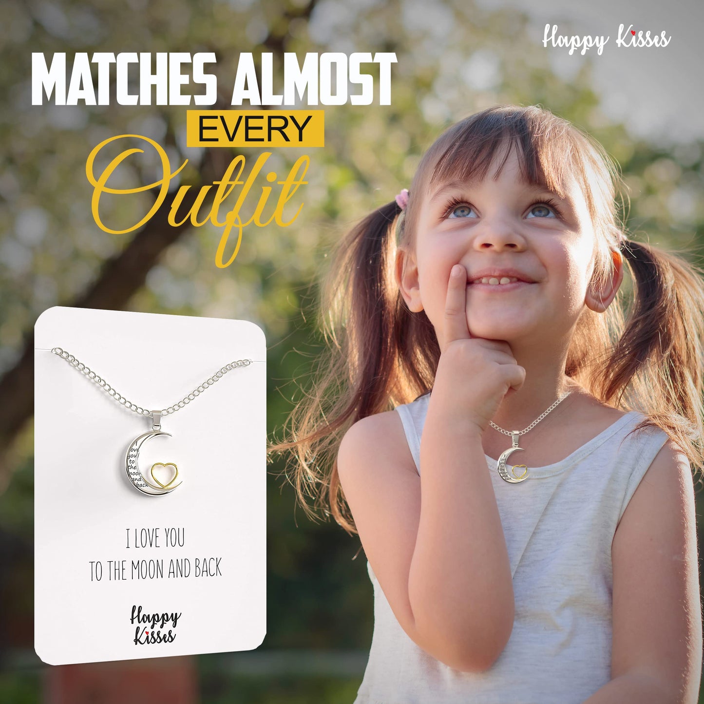 Happy Kisses I Love You to the Moon and Back Pendant Necklace, 18-Inch Silver and Gold