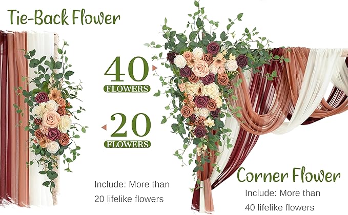 Wedding Arch Flowers with Drapes Kit (Pack of 5) - 2pcs Artificial Sunset Terracotta & Burgundy Deluxe Swag with 3pcs Sheer Drapes for Wedding Ceremony Arbor Reception Backdrop Decoration