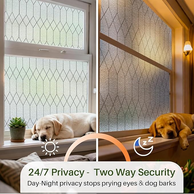 Windimiley Window Privacy Film Stained Glass Static Clings, Bathroom Frosted Leaded Decorative Window Stickers, UV Heat Blocking Opaque Removable for Home Door Coverings (23.6 x 157.5in,Pure)
