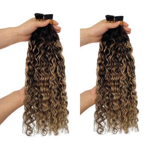 Curly I Tip Hair Extensions, Highlights I Tip Human Hair Extensions Natural Black Highlight Honey Blonde Human Hair Water Wave I Tip Extension Remy Human Hair Add Volume and length 28Inch 50g 1g/s