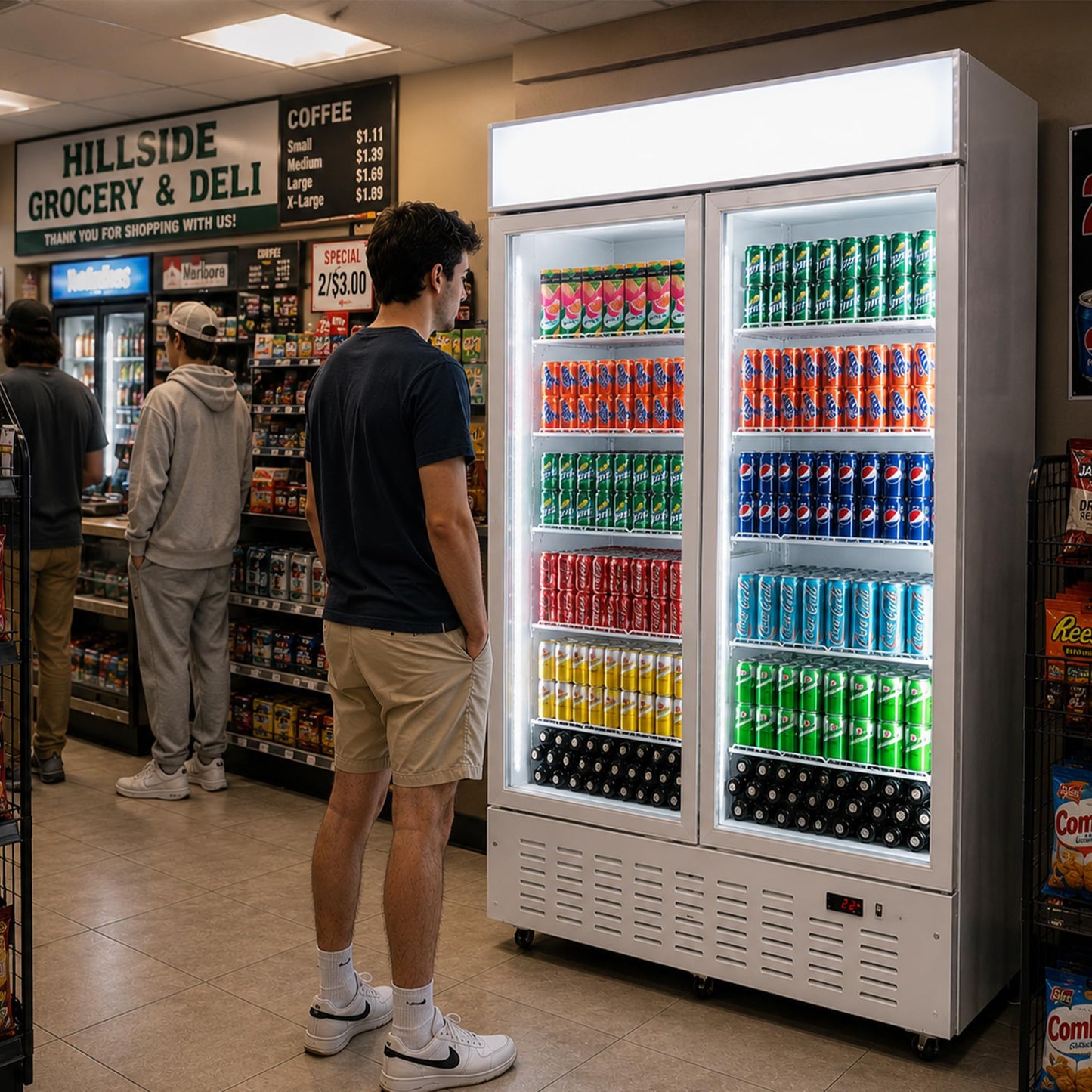 Frostvale 41 Cu.Ft Commercial Display Refrigerator, White 2 Glass Door Beverage Cooler with Lighted Header, ETL Upright Merchandiser Fridge for Drinks, Soda, Beer, Restaurant, Store