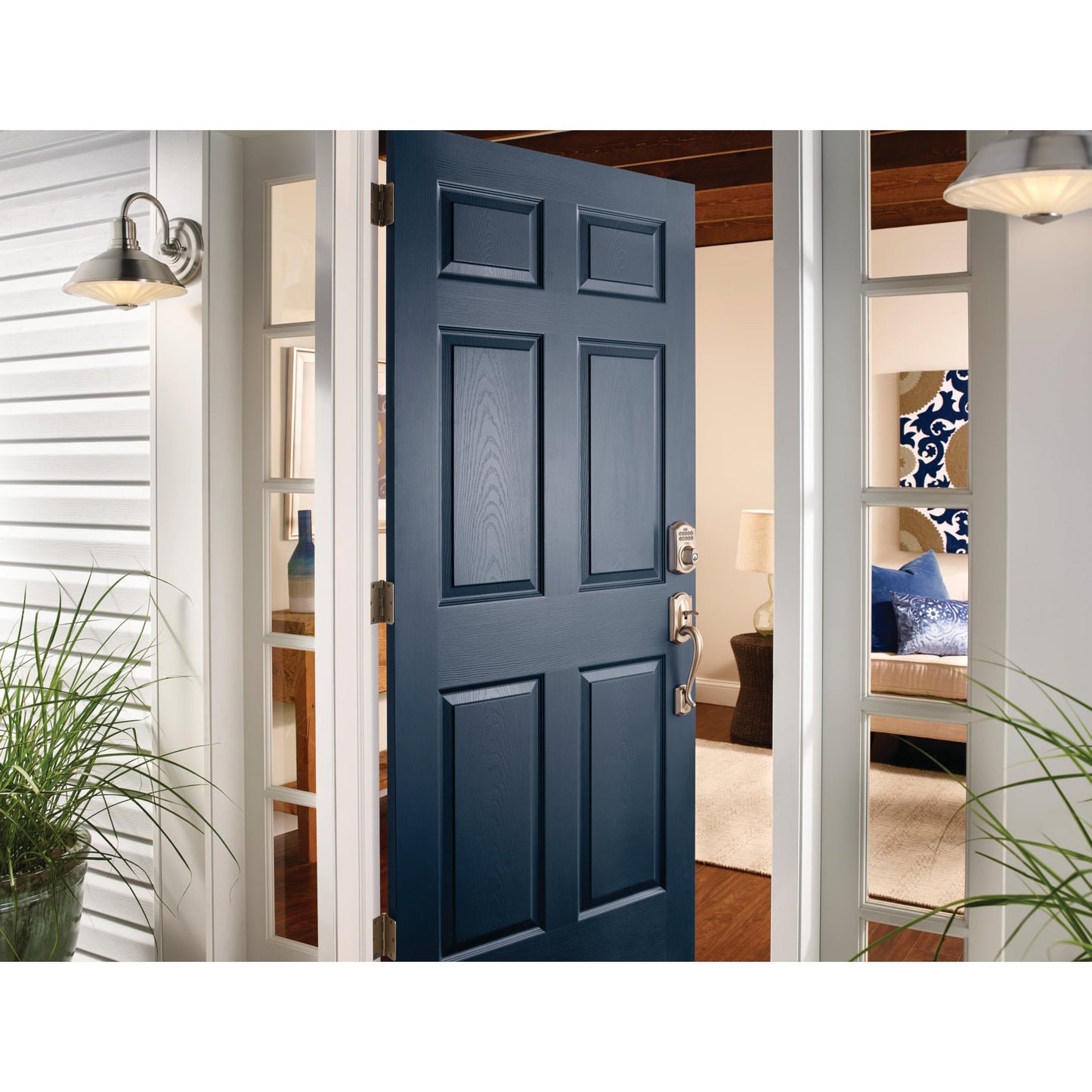 Schlage Camelot Electronic Keypad Deadbolt Lock, Keyless Front Door Entry, Mechanical Key Backup Included, Satin Nickel, BE365 V CAM 619