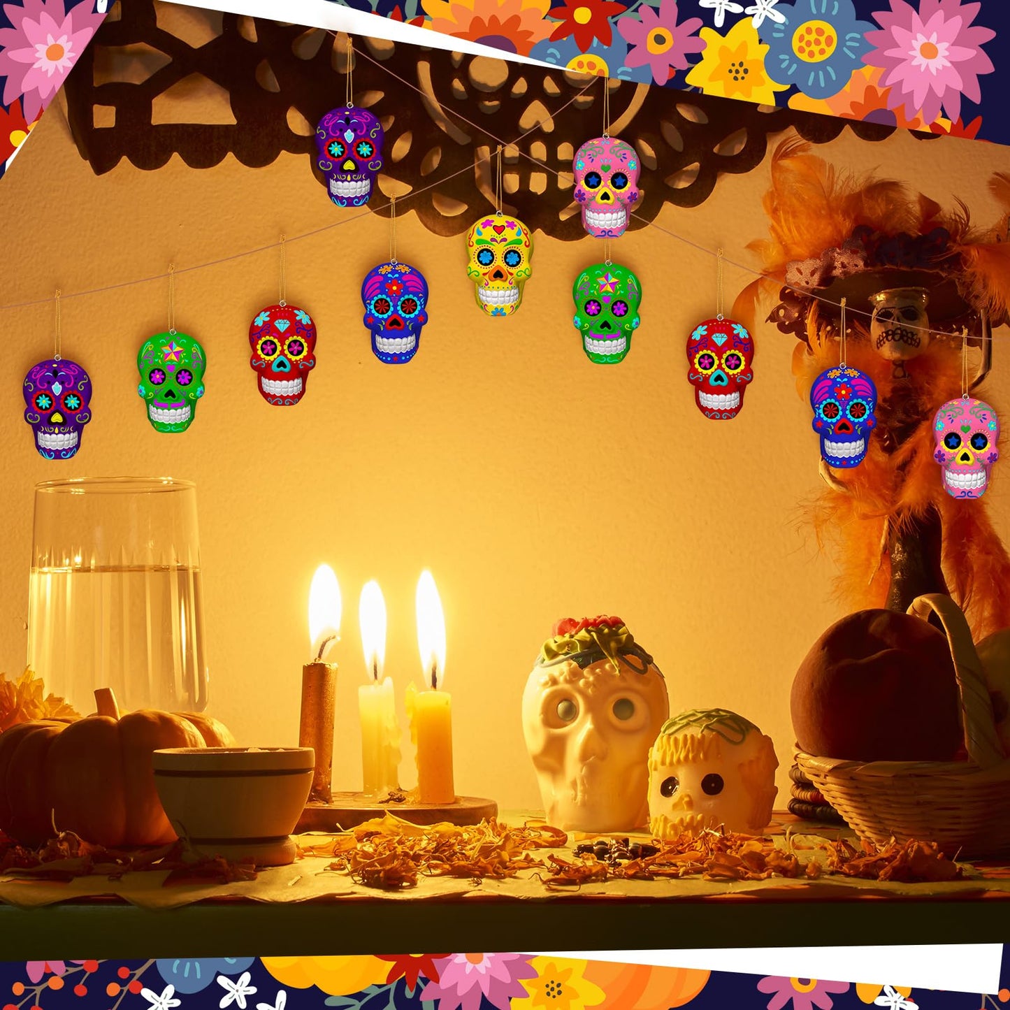 RoundFunny 12 Pcs Day of The Dead Sugar Skull Crafts for Adults Ceramic to Paint 3D Statues Ornaments Ready to Paint Your Own Skull Figurines Unpainted Plaster for DIY Project Arts Activity Decor