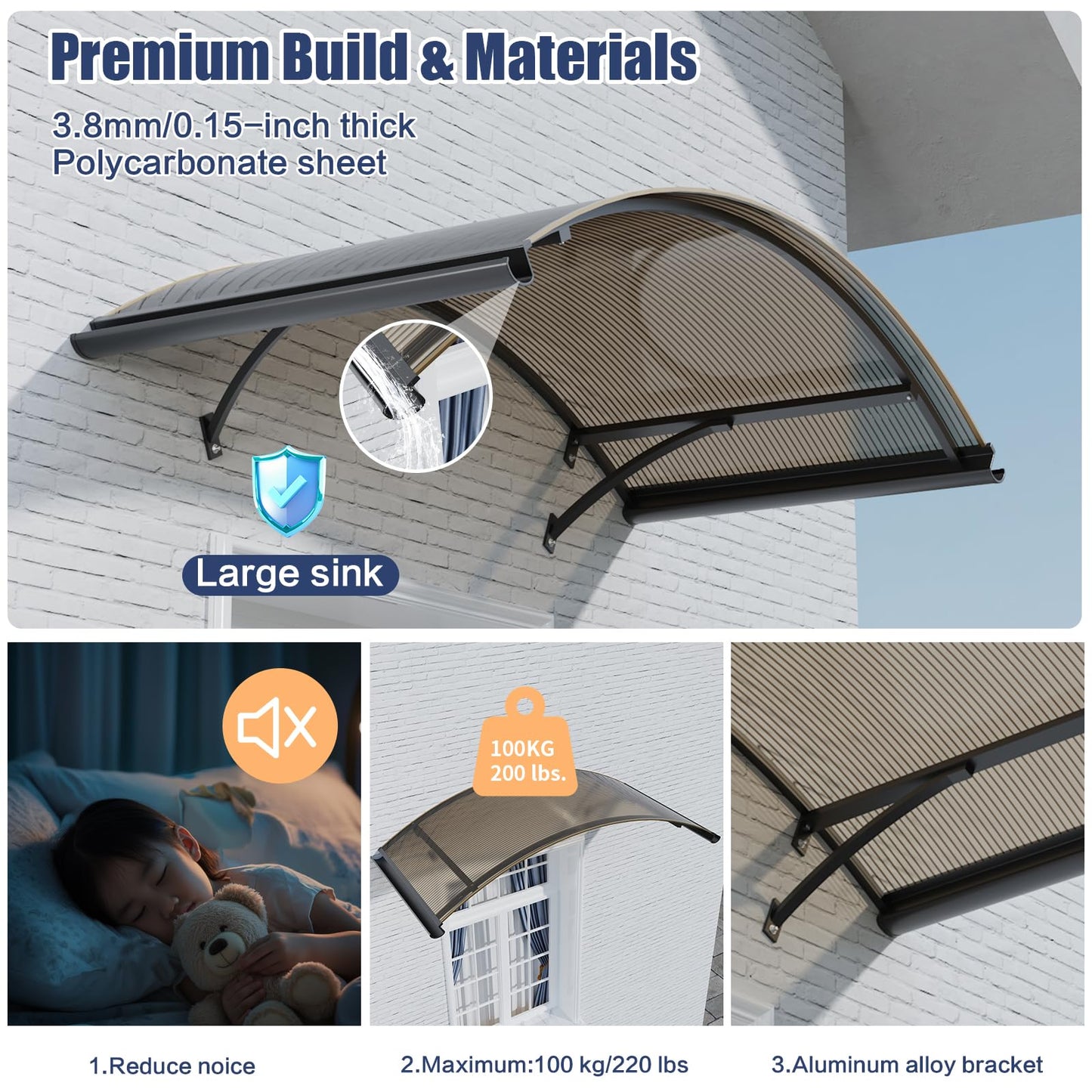 Awning for Door Entrance, 36x63 Inch Round Arch Door Awning Canopy with Aluminum Brackets & Polycarbonate Cover, UV, Rain & Snow Protection for Window, Porch, Patio, Deck
