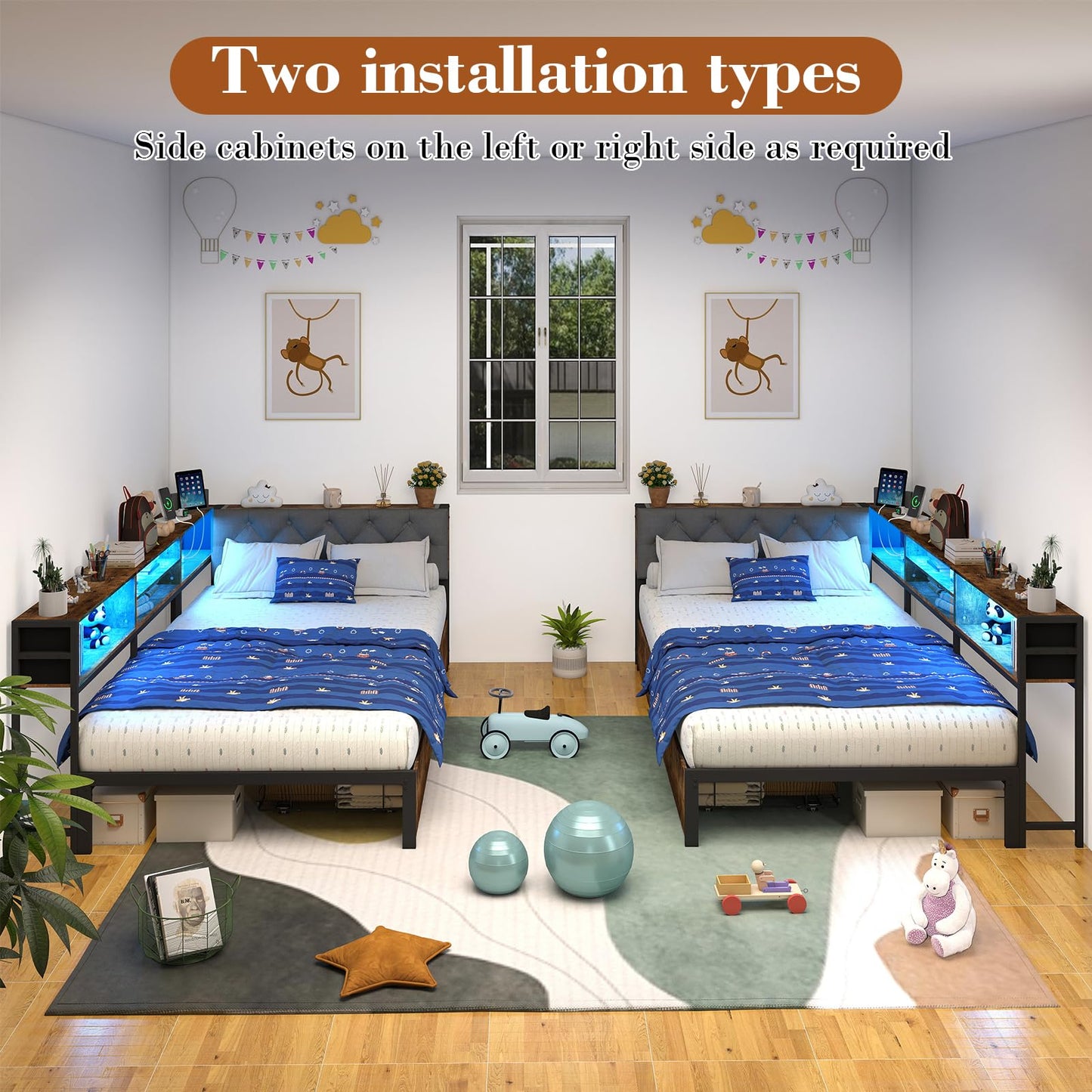 Twin XL Corner Bed Frame with Storage Bookcase and LED Lights, Twin XL Daybed with 2 Storage Drawers, Upholstered Platform Bed with Headboard and Charging Station, Rustic Brown & Gray