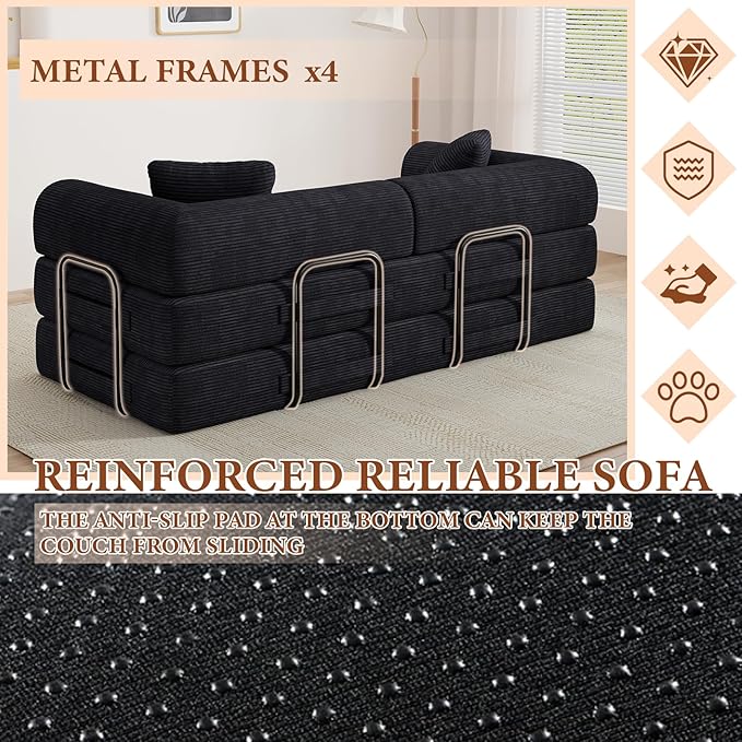 77" Convertible Sofa Bed, Modular Folding Futon Corduroy Floor Foam Compressed Loveseat Sleeper Sofa Couch, Pull Out Queen Size Couch Bed with 2 Pillows for Living Room Guest Room Studio, Black