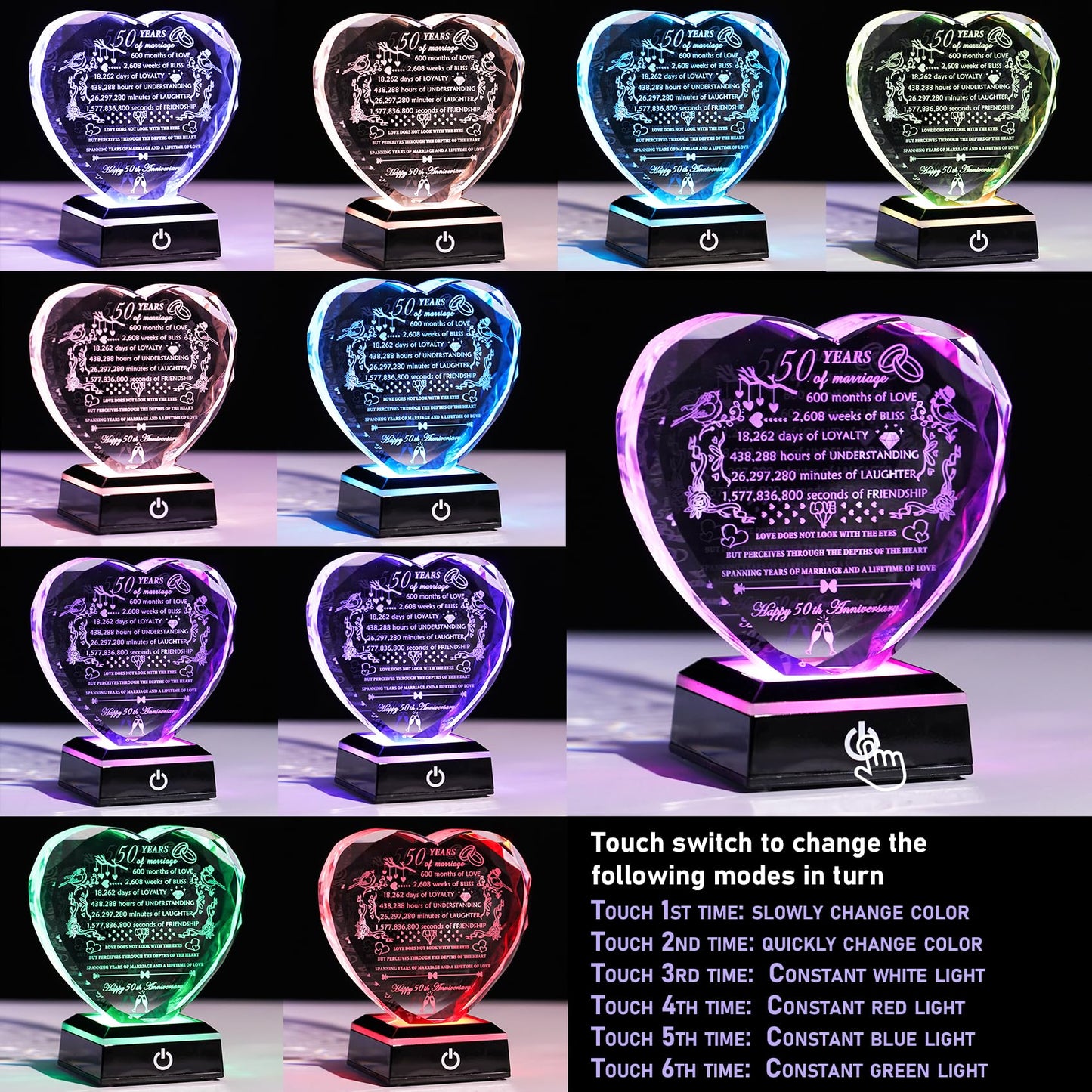YWHL 50th Anniversary Crystal Gifts with Colorful LED Base Happy 50th Wedding Anniversary Heart Gift for Couples 50 Years of Marriage Gifts for Parents Husband Wife