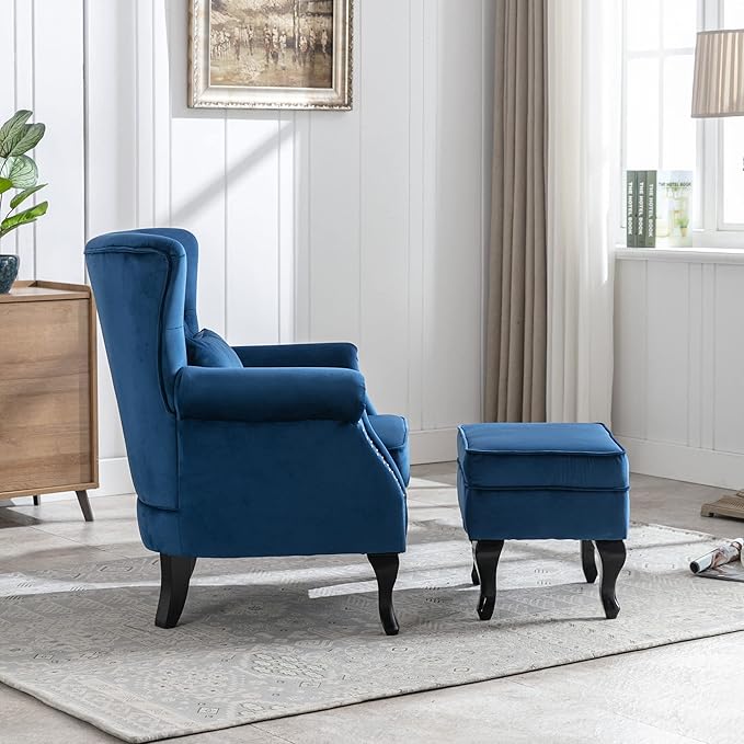 DM Furniture Mid-Century Accent Chair with Ottoman Modern Button Tufted Armchair Wingback Club Chair Velvet Single Sofa Lounge Chair with Pillow for Living Room Bedroom, Blue
