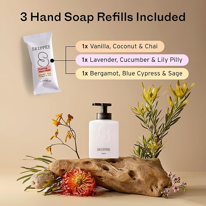 Tirtyl Skipper Hand Wash Single Kit - 1 Recycled Plastic Foaming Dispenser + 3 Tablet Refills (3x 8 fl oz bottles of soap) - Variety Fragrances