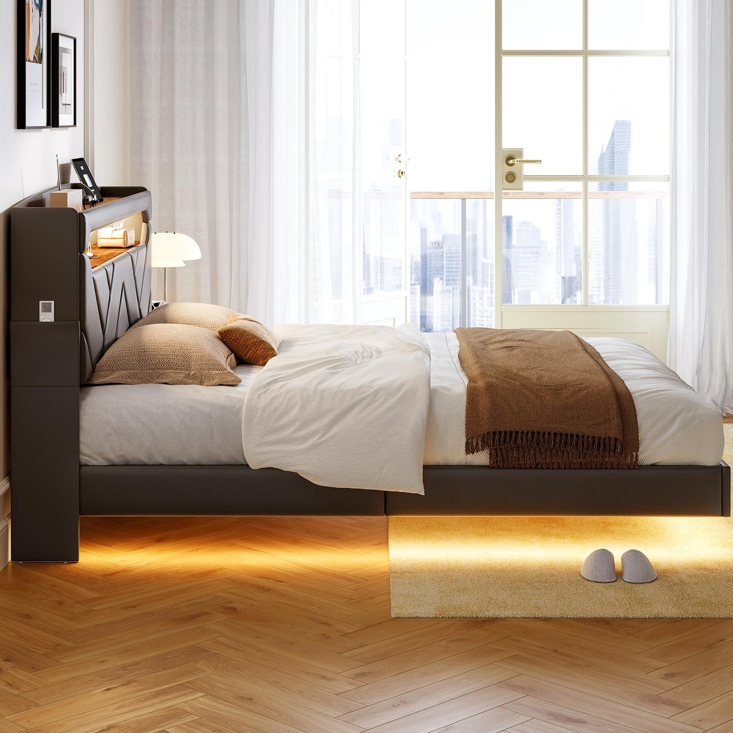 LINSY Floating Bed Frame Full Bedframe with Headboard, Black Full Size Bed Frames with Storage, Modern Upholstered Platform Bed with LED Lights & Charging Station, No Box Spring Needed, PU Leather